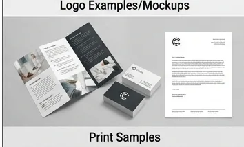 Print samples showing business cards and branded materials